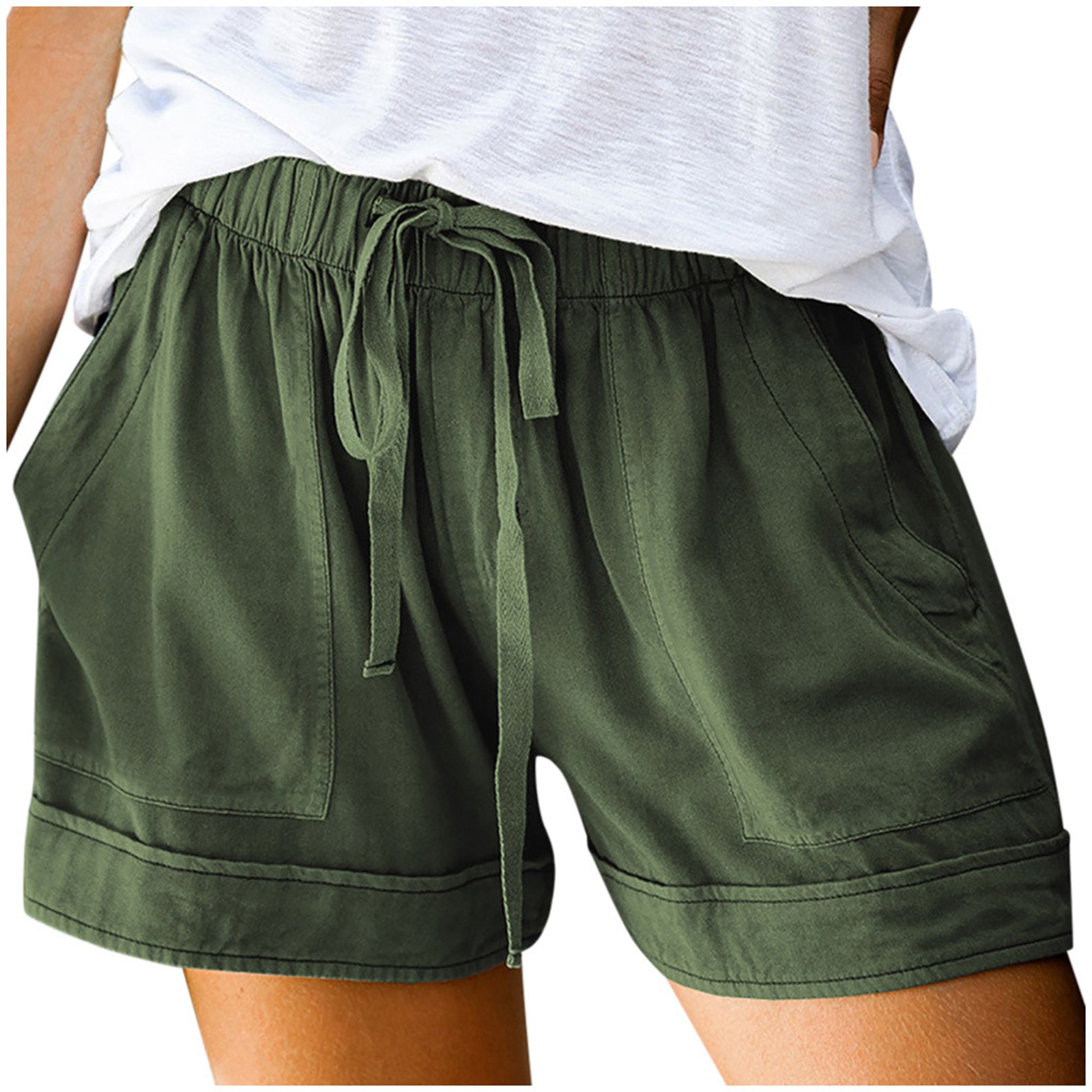thumbnail image 2 of Pantalones cortos cómodos con cordón y cintura elástica para mujer - Pantalones holgados de color liso con bolsillos - Ropa informal de verano de poliéster, 2 of 8
